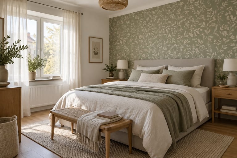 Schlafzimmer mit grüner botanischer Tapete – Tapezierarbeiten