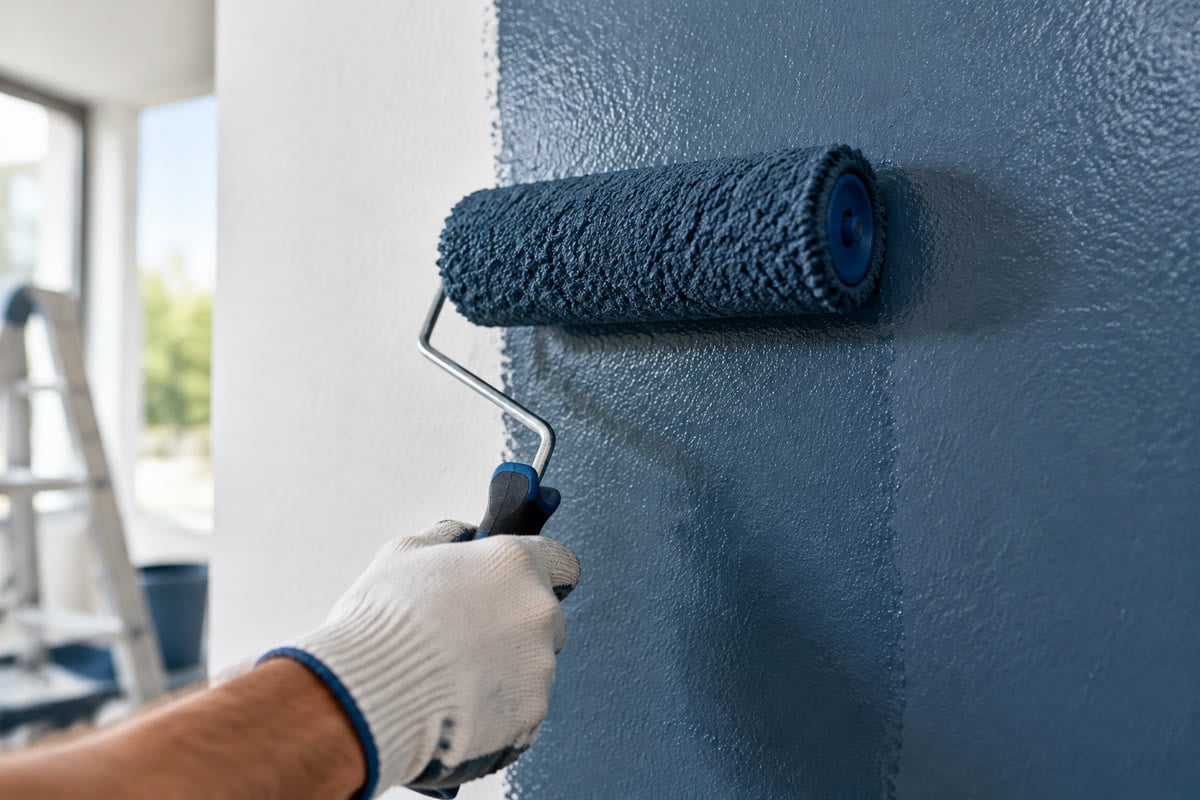 Handwerker trägt mit Farbwalze frische Wandfarbe auf – Handwerk, das man sieht