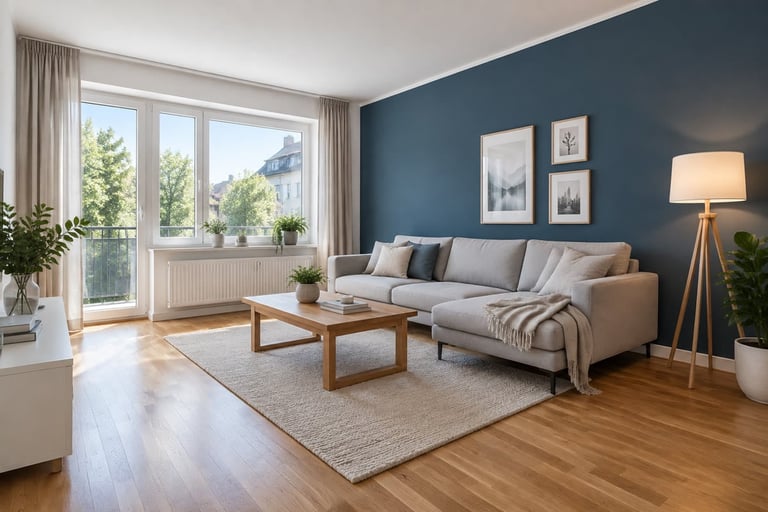 Modernes Wohnzimmer mit blauer Akzentwand – Malerarbeiten
